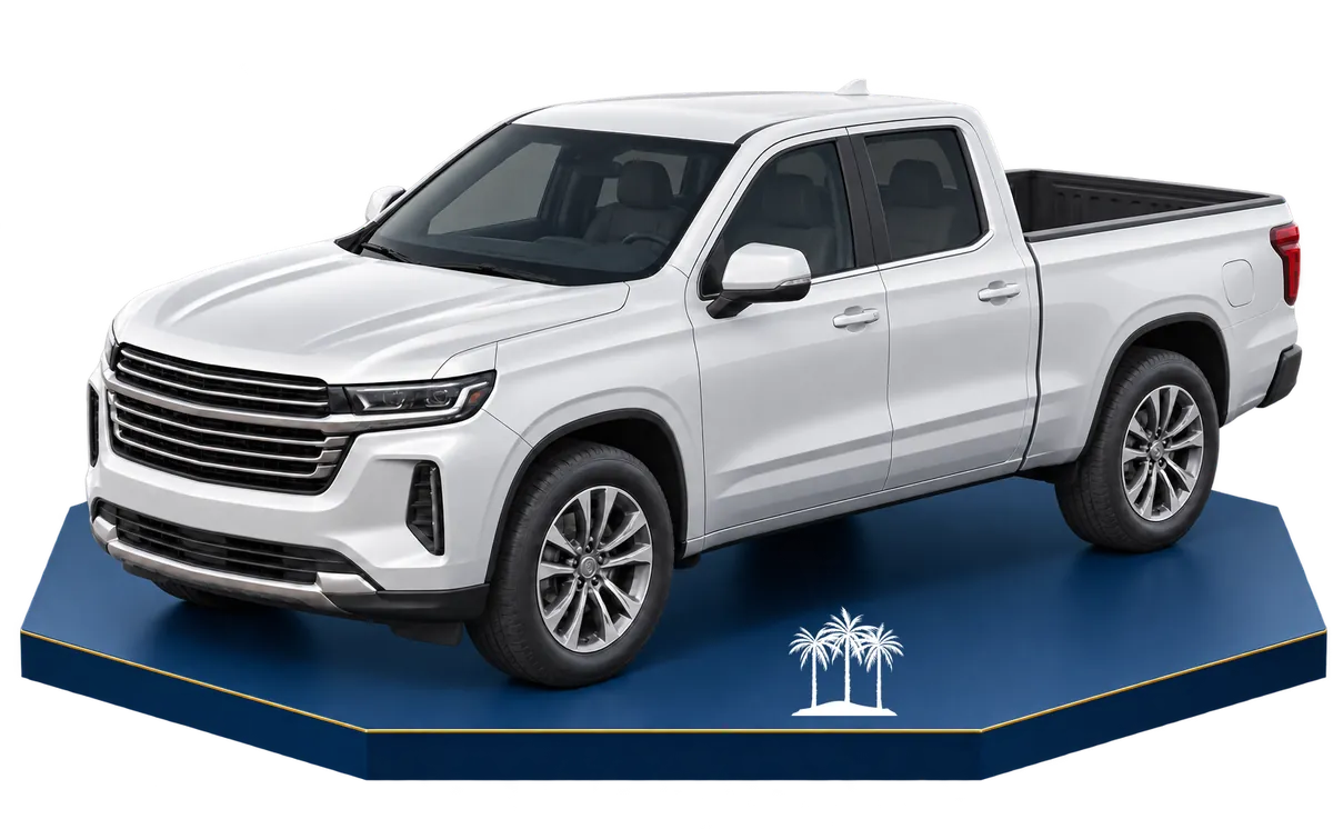 Pickup blanca sobre plataforma hexagonal