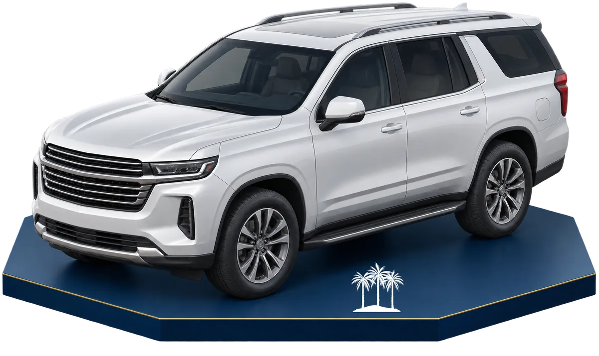 SUV blanca sobre plataforma hexagonal